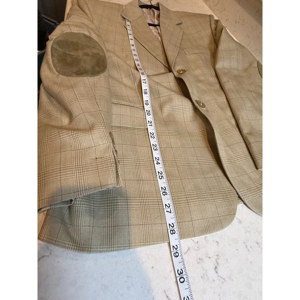 Tariq Fitwell‎ Tailors Mens Tan Glen Plaid Blazer Elbow Patches Bespoke 42R
